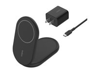 Belkin BoostCharge - Trådlöst laddställ - magnetisk, hopfällbar, med Qi2 + växelströmsadapter - 15 Watt - 3 A - Fast Charge, Strömmatning 3.1 - svart WIB007VFBK